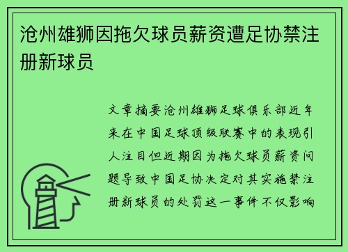 沧州雄狮因拖欠球员薪资遭足协禁注册新球员