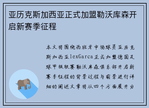 亚历克斯加西亚正式加盟勒沃库森开启新赛季征程
